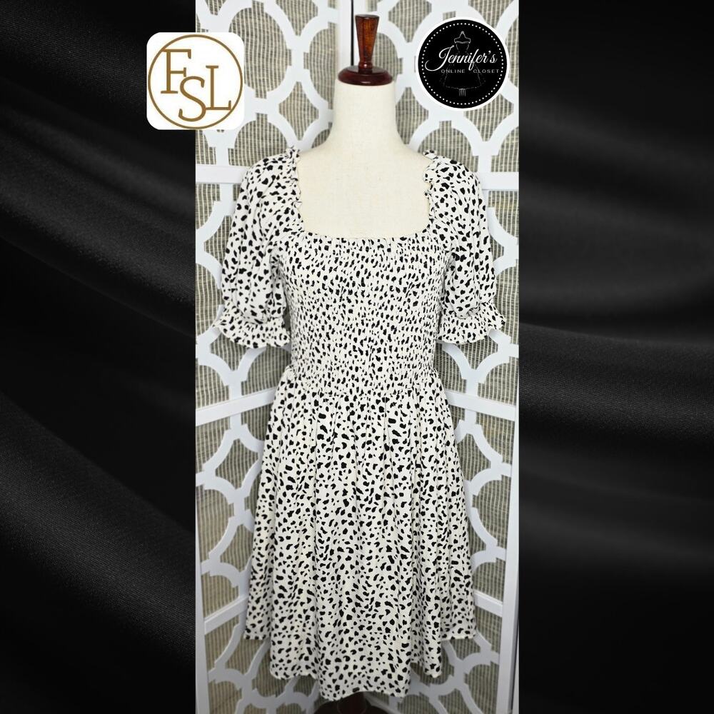 Fsl Apparel Women's Black & Cream Leopard Print Smocked Dress Size Large